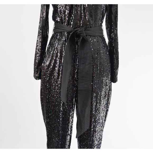 Express Black Sequin Long Sleeve Jumpsuit with Tie Belt and Pockets size S - Picture 6 of 9